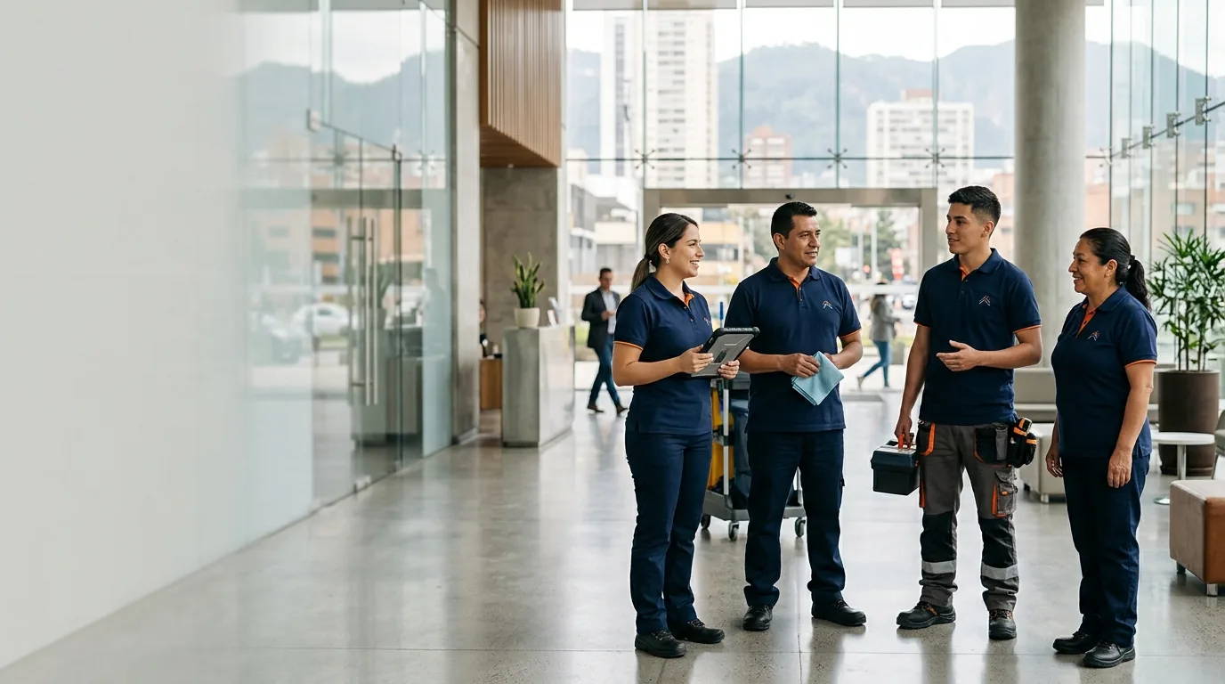 Equipo de NOVA Servicios —supervisora, operario de aseo y técnico de mantenimiento— en el lobby de un edificio corporativo en Bogotá