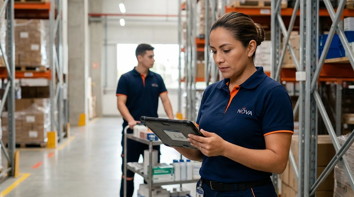Supervisora de NOVA gestionando operaciones de facilities con una tablet en una instalación
