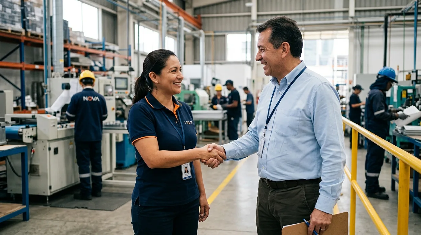 Supervisora de NOVA saludando a un cliente dentro de sus instalaciones