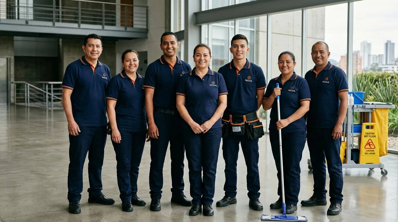 Equipo completo de NOVA Servicios —aseo, mantenimiento y supervisión— en las instalaciones de un cliente corporativo