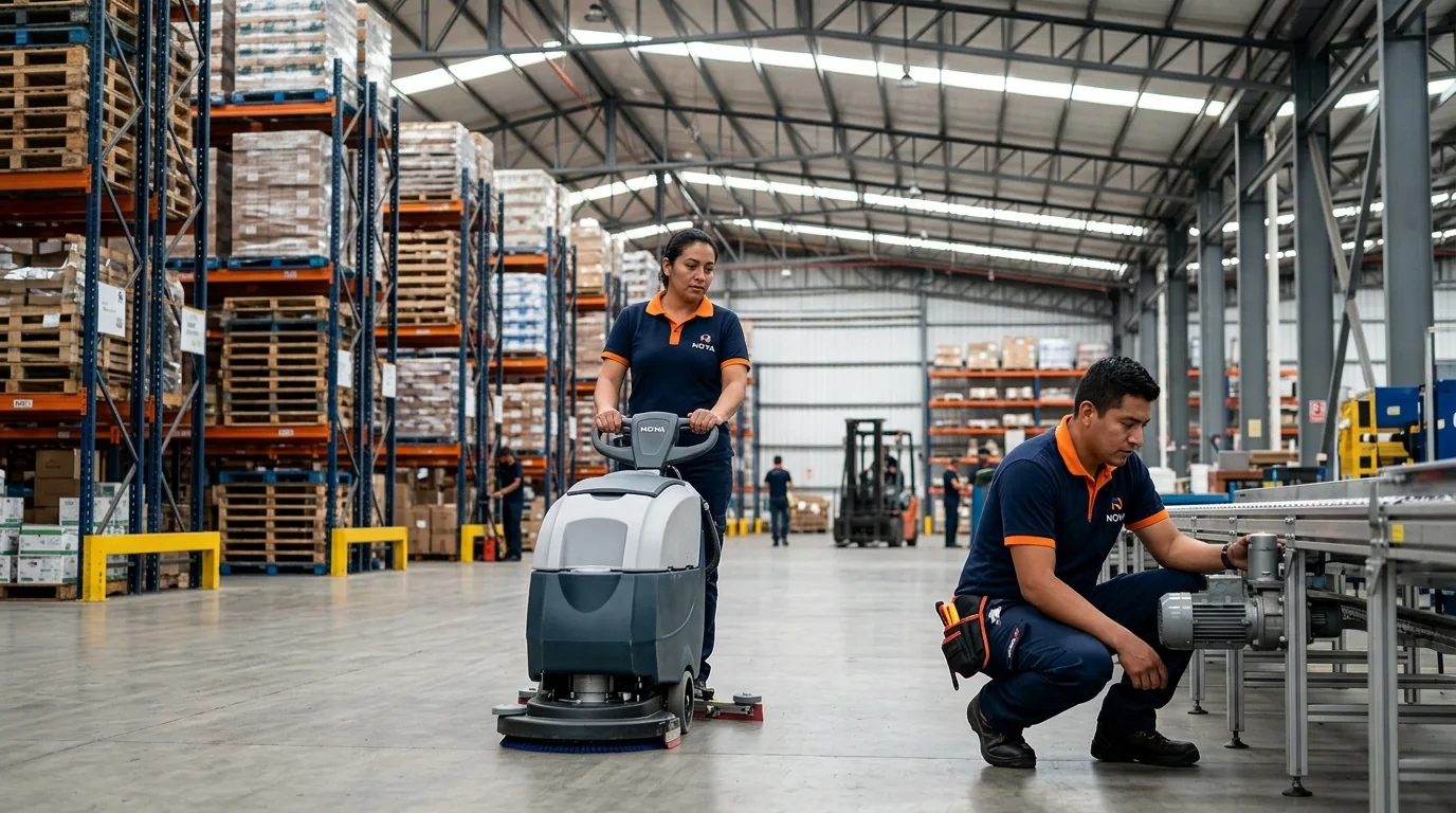 Equipo de NOVA operando una planta industrial con maquinaria de aseo profesional