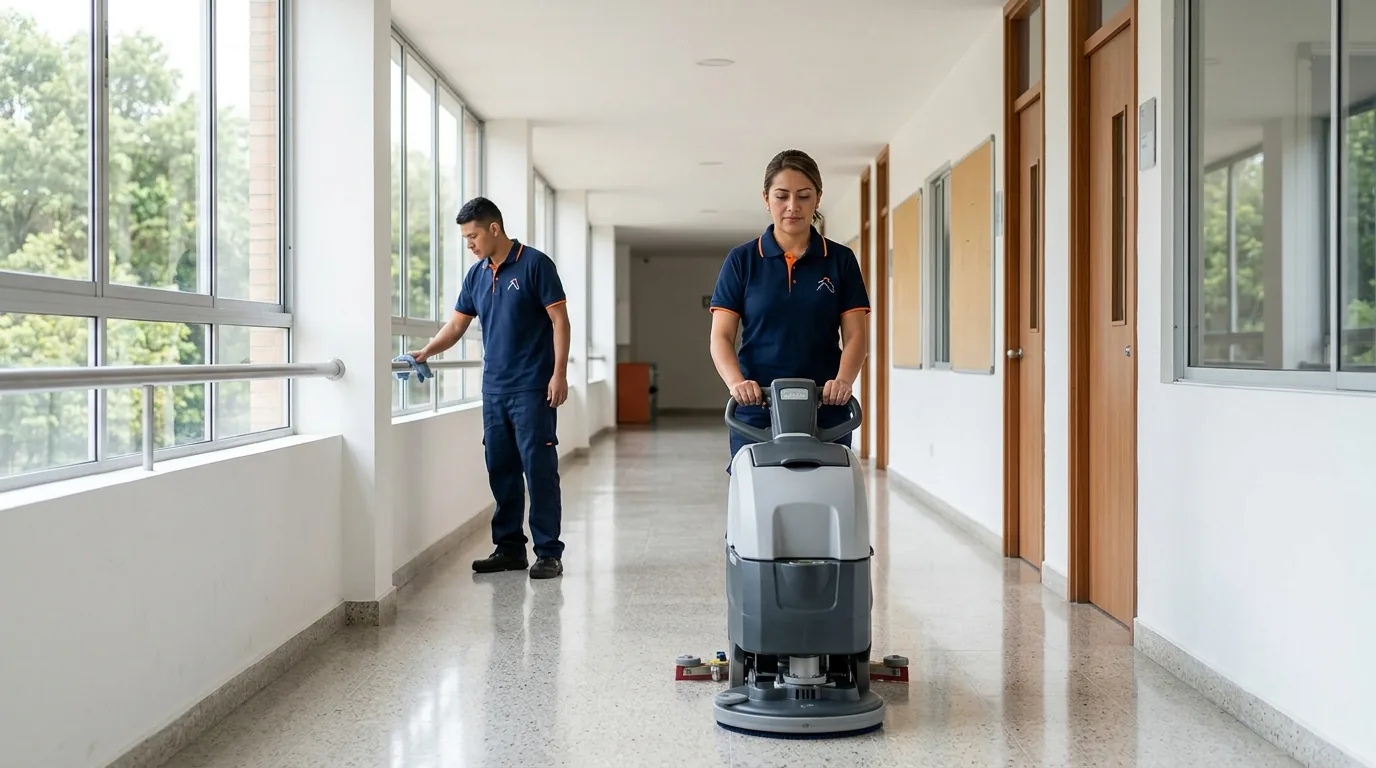 Personal de NOVA realizando aseo profesional en los pasillos de una institución