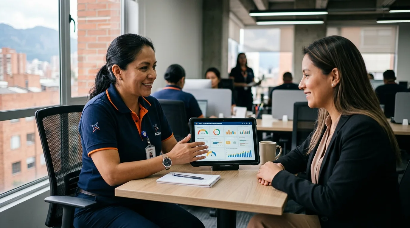 Supervisora de NOVA mostrando un reporte digital con indicadores a un cliente